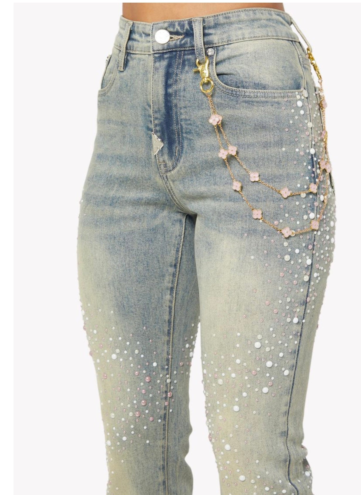 Pink Pearls Embellished Denim