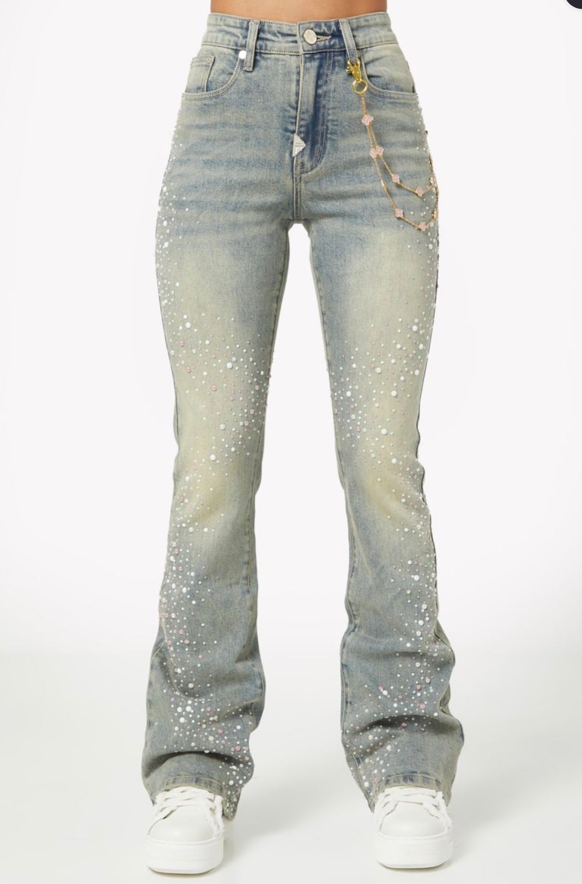 Pink Pearls Embellished Denim
